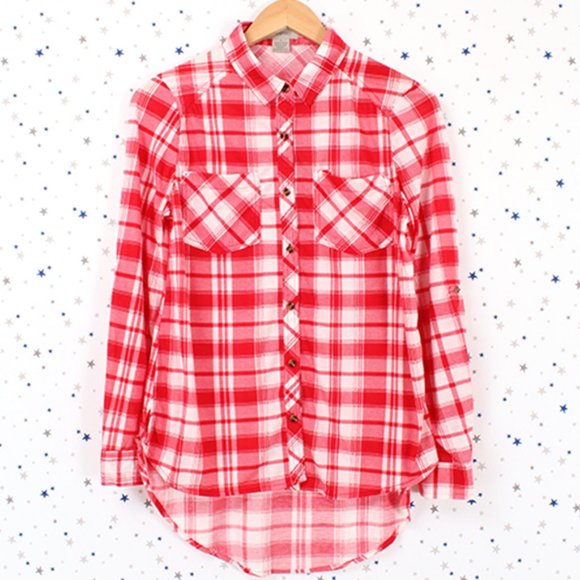Knit Plaid Button Up Shirt Hi Lo Hem Red Off White - Picture 1 of 8